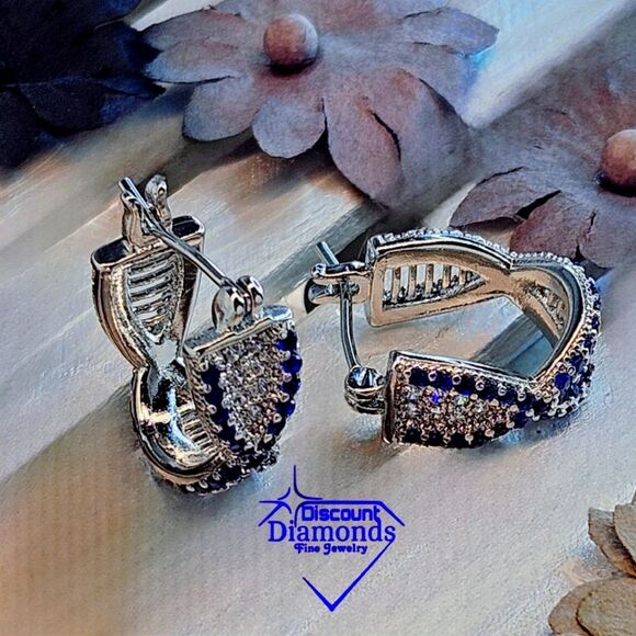 2 Ct. Blue Sapphire & White Baguette Diamond Earrings on 925 - Picture 8 of 9